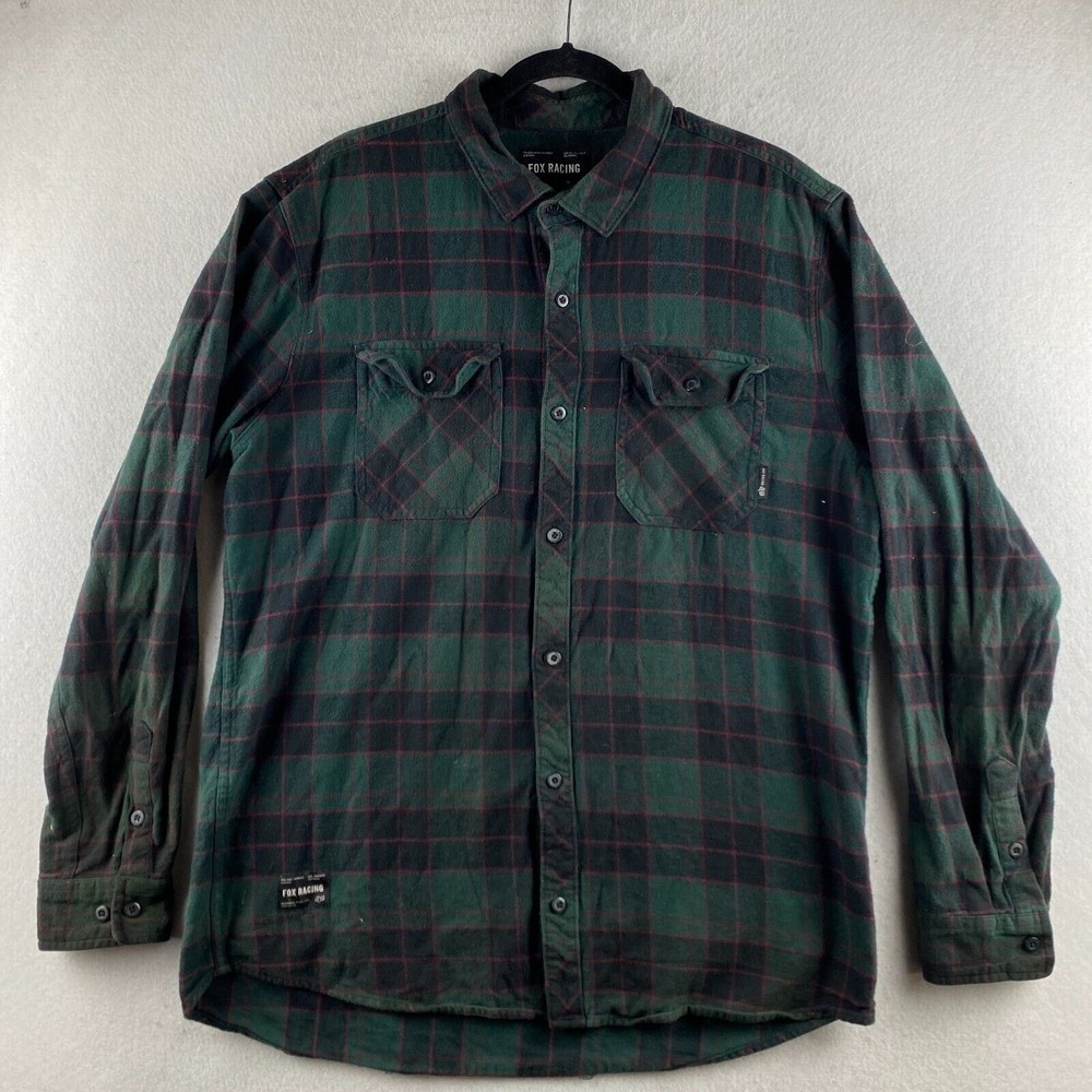 Fox Racing Button-Up Shirt Mens XL Green Plaid Flannel Button Front Pockets
